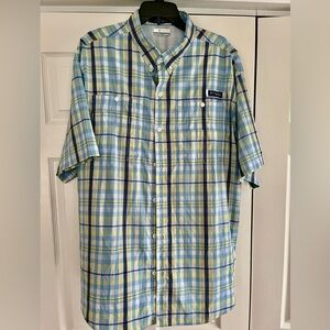 Columbia PFG SHORT Sleeve Button Shirt Sz. XXL Omni Shade-Blue & Yellow